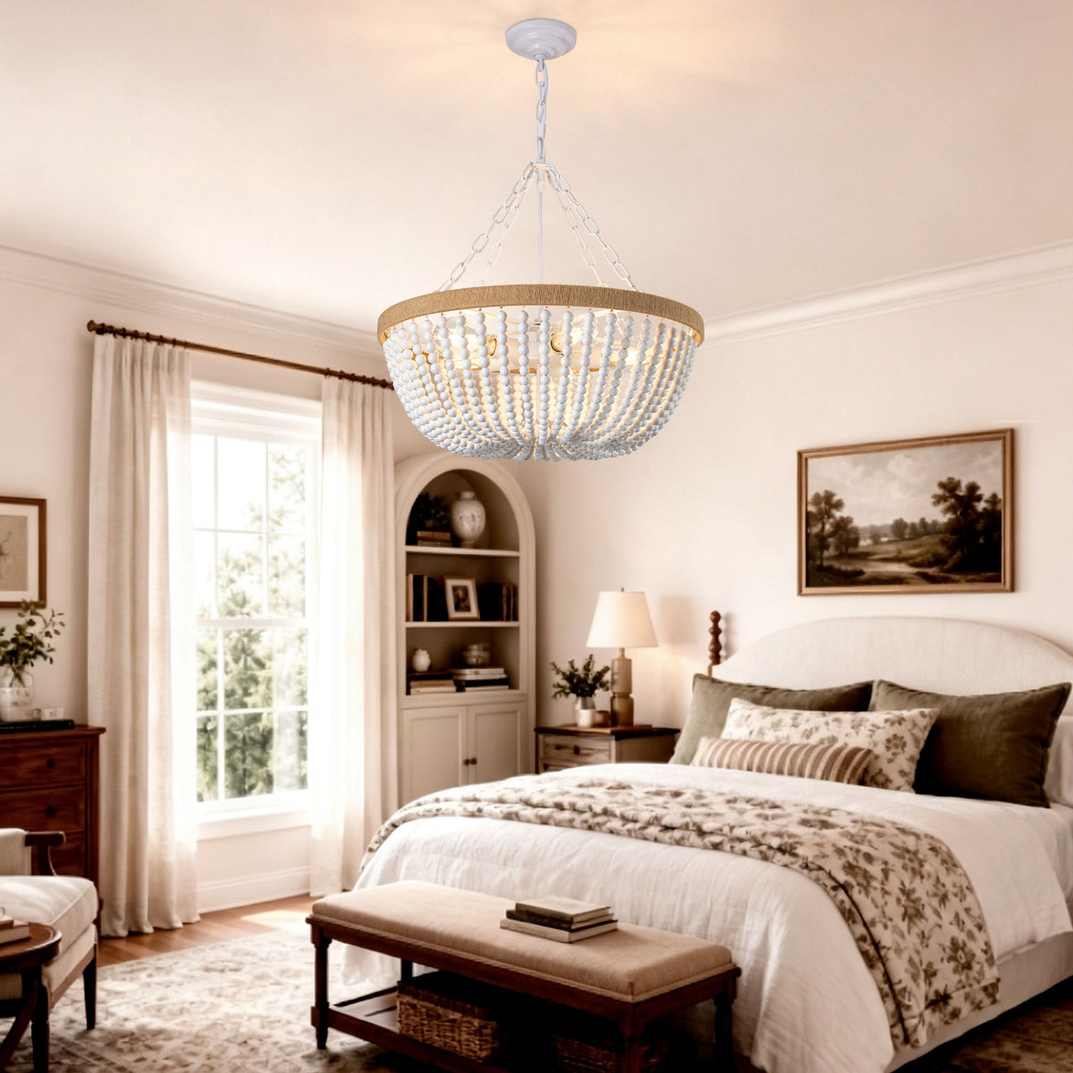 21.65" Farmhouse Chandelier, Matte White & Natural Wood Finish, 5xE26 Socket Max 60W, Bulbs Not Included
