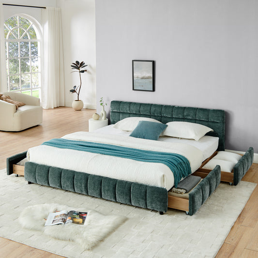 King Size Upholstered Bed ,comfortable upholstered bed frame, Chenille fabric, with headboard and solid bed frame. With drawer for storage-green(88.5''*85.5''*31'')