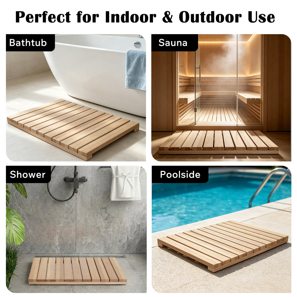 Cedar Wood Shower Mat - Non-Slip Slatted Wooden Bath Mat with Rubber Feet, 24" x 16" Floor Pad for Bathroom, Bathtub, Spa, Sauna & Garden, Indoor/Outdoor Use