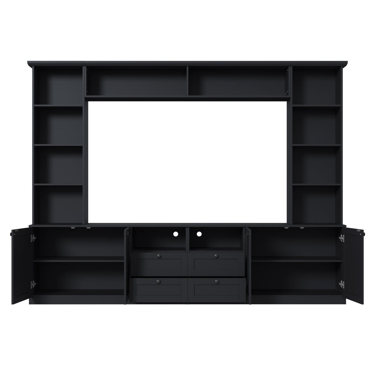 Farmhouse Elegant Entertainment Center Wall Unit with 4 Drawers, Modern Built in TV Stand with Bridge for TVs Up to 70", All-in-One Media Console with Adjustable Shelves for Living Room, Black