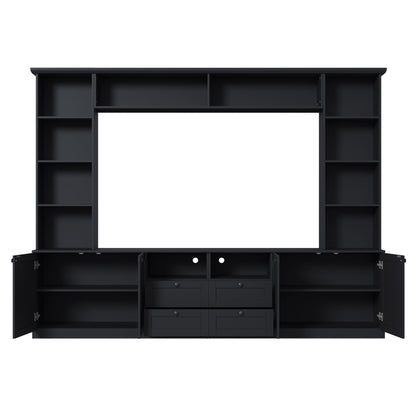Farmhouse Elegant Entertainment Center Wall Unit with 4 Drawers, Modern Built in TV Stand with Bridge for TVs Up to 70", All-in-One Media Console with Adjustable Shelves for Living Room, Black