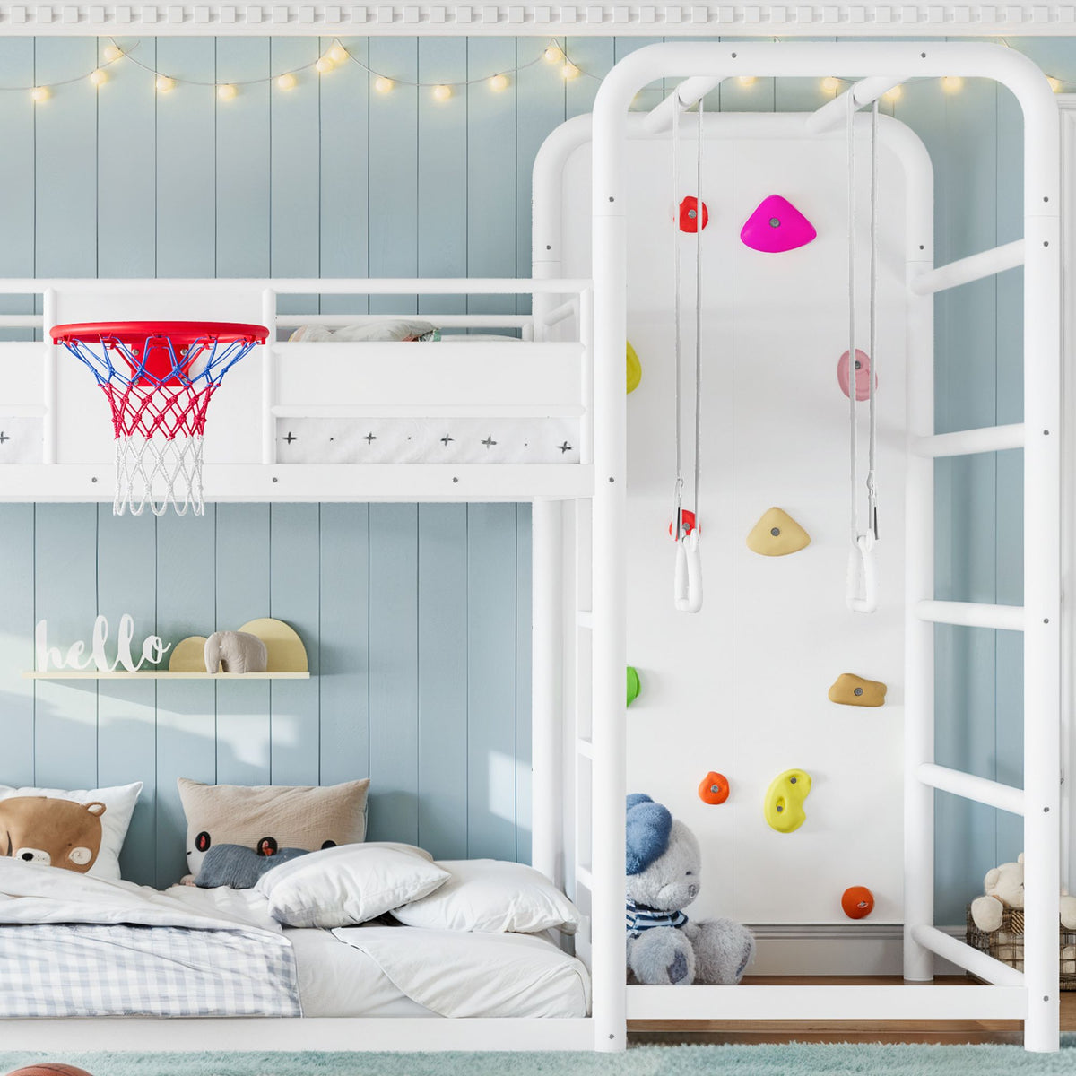 Twin size metal loft/bunk bed with basketball hoop, pull-up rings, climbing wall, and built-in bookshelves. Playful children's design featuring a slide,White.
