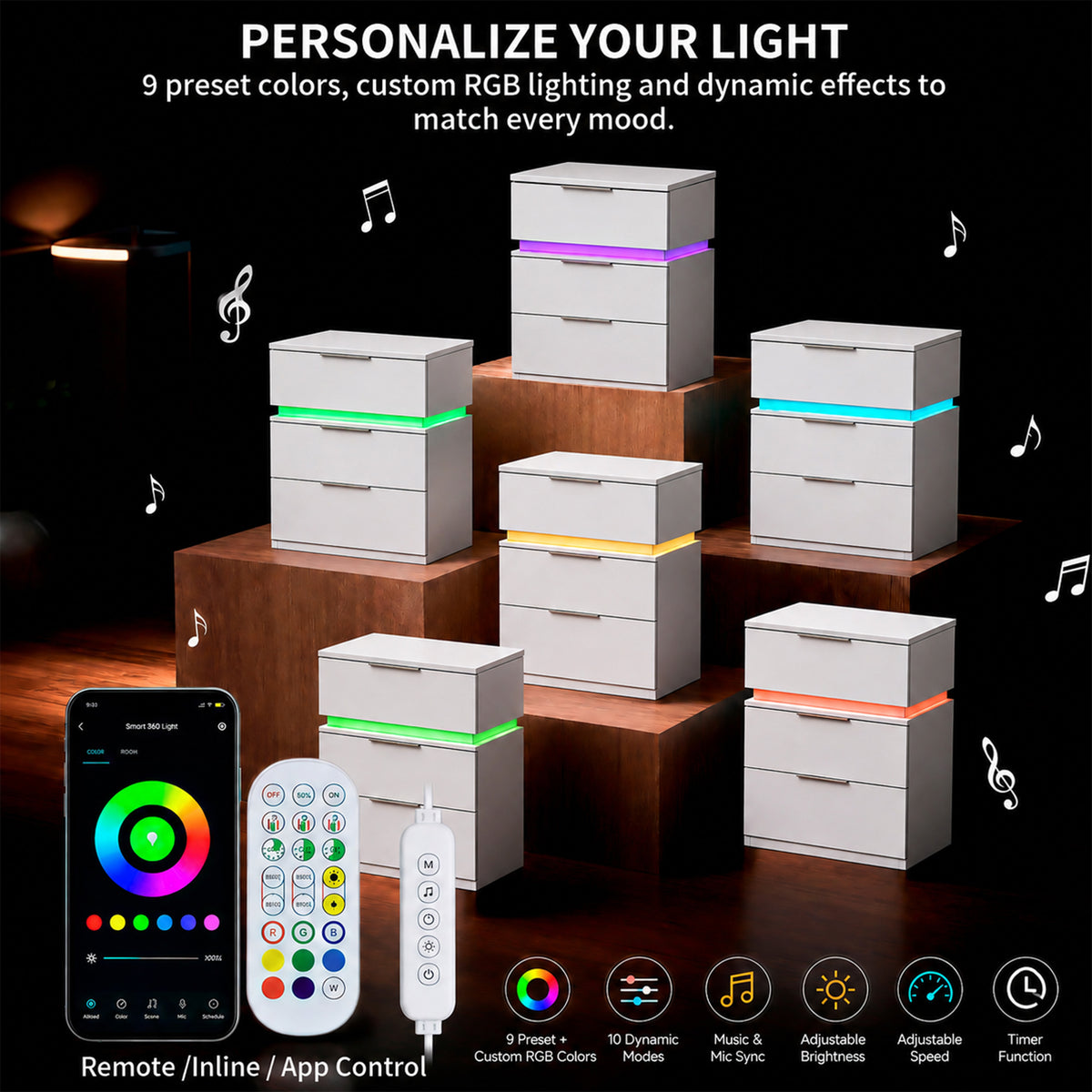 Kids Racing Car 3-Drawer Nightstand with Smart RGB LED Light, App/Remote/Music Sync Bedside Storage Cabinet, Fully KD
