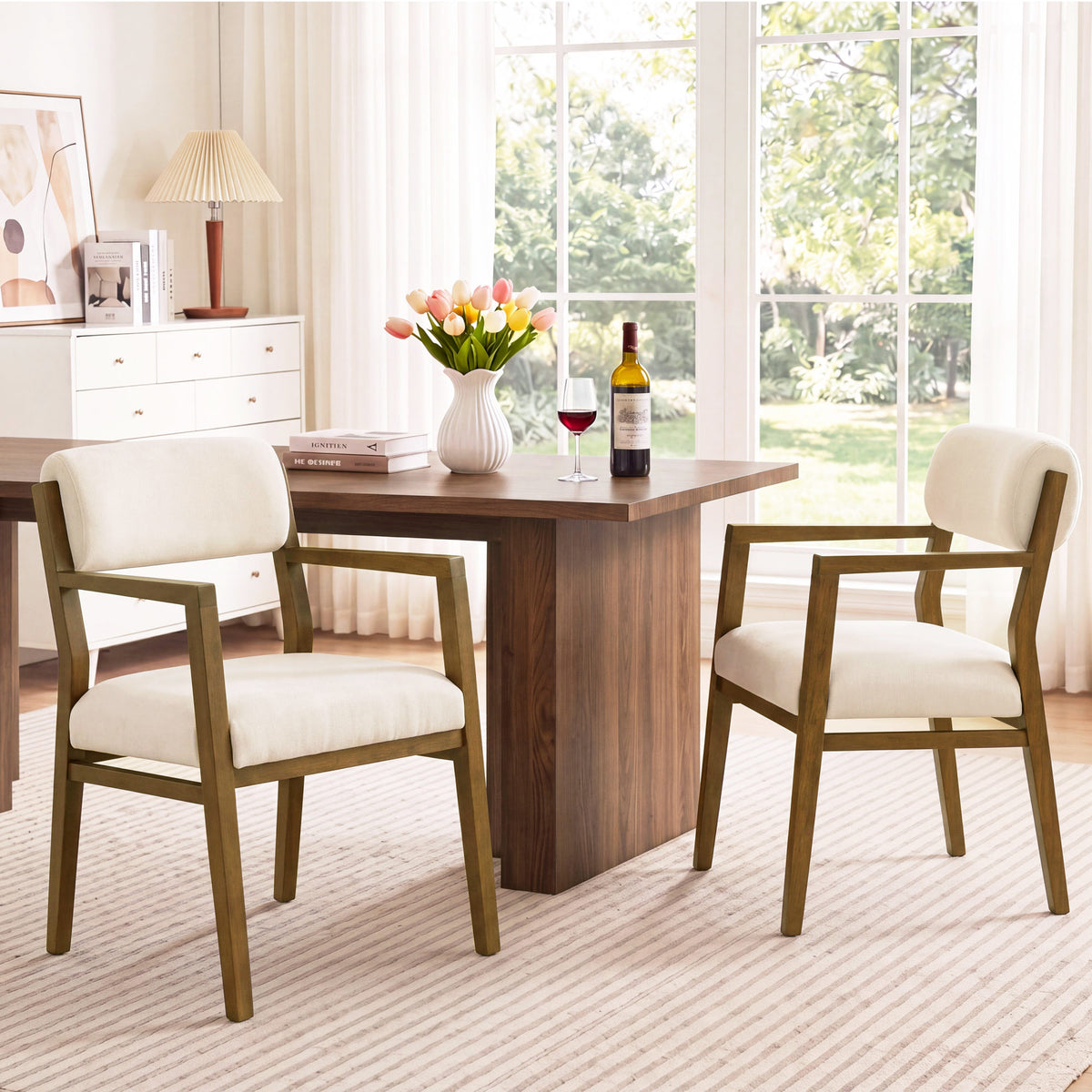 Rubber Wood Dining Chairs, Upholstered Fabric Armchairs(Set of 2),Natural wood + Beige fabric