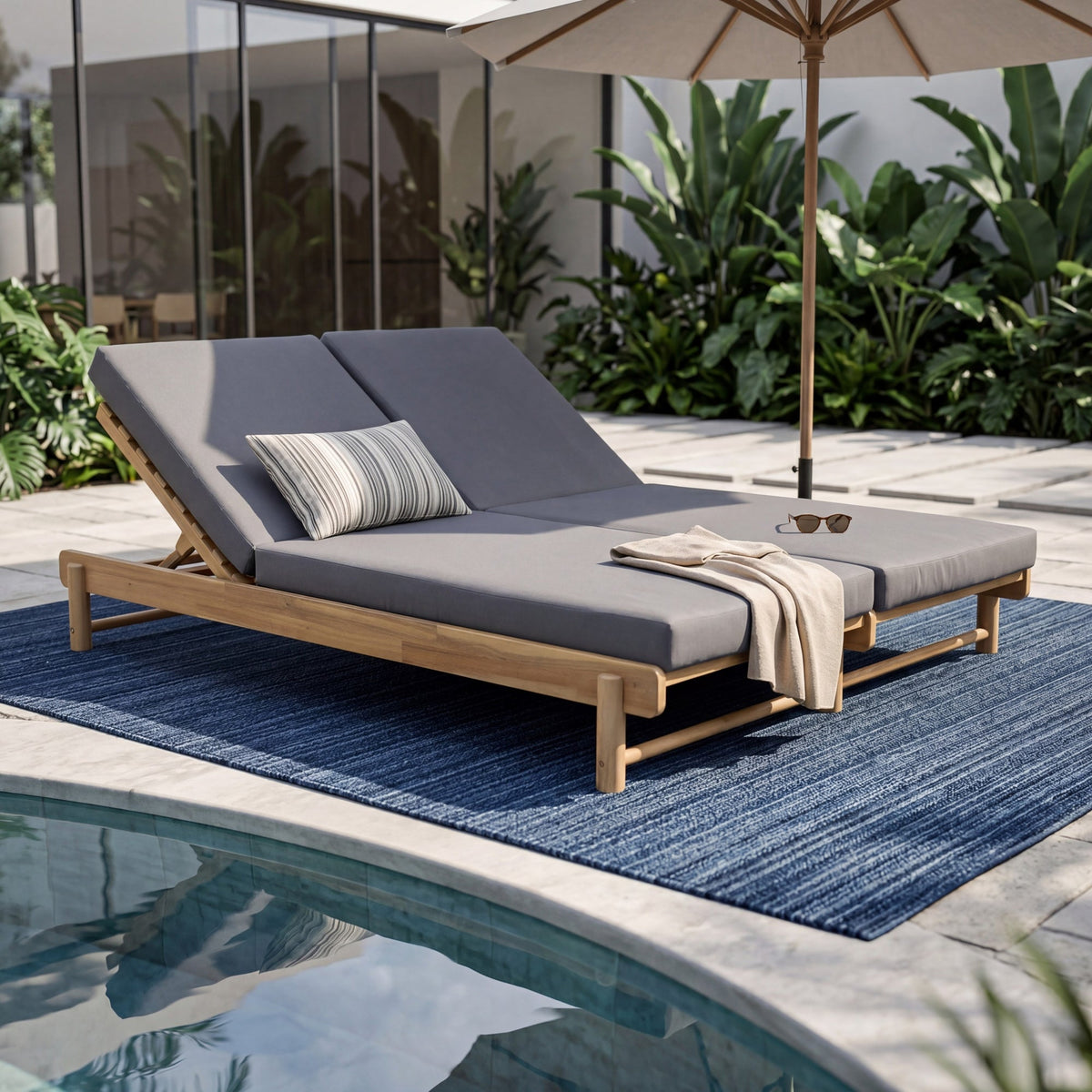 Light Teak Acacia Wood Double Chaise Lounger Set: 1 Frame + 2 Dark Grey Cushions, 800 lbs Capacity, 3-Position Adjustable Backrest, 4" Thick 2-Fold Water-Resistant Cushions for Patio Poolside Backyard