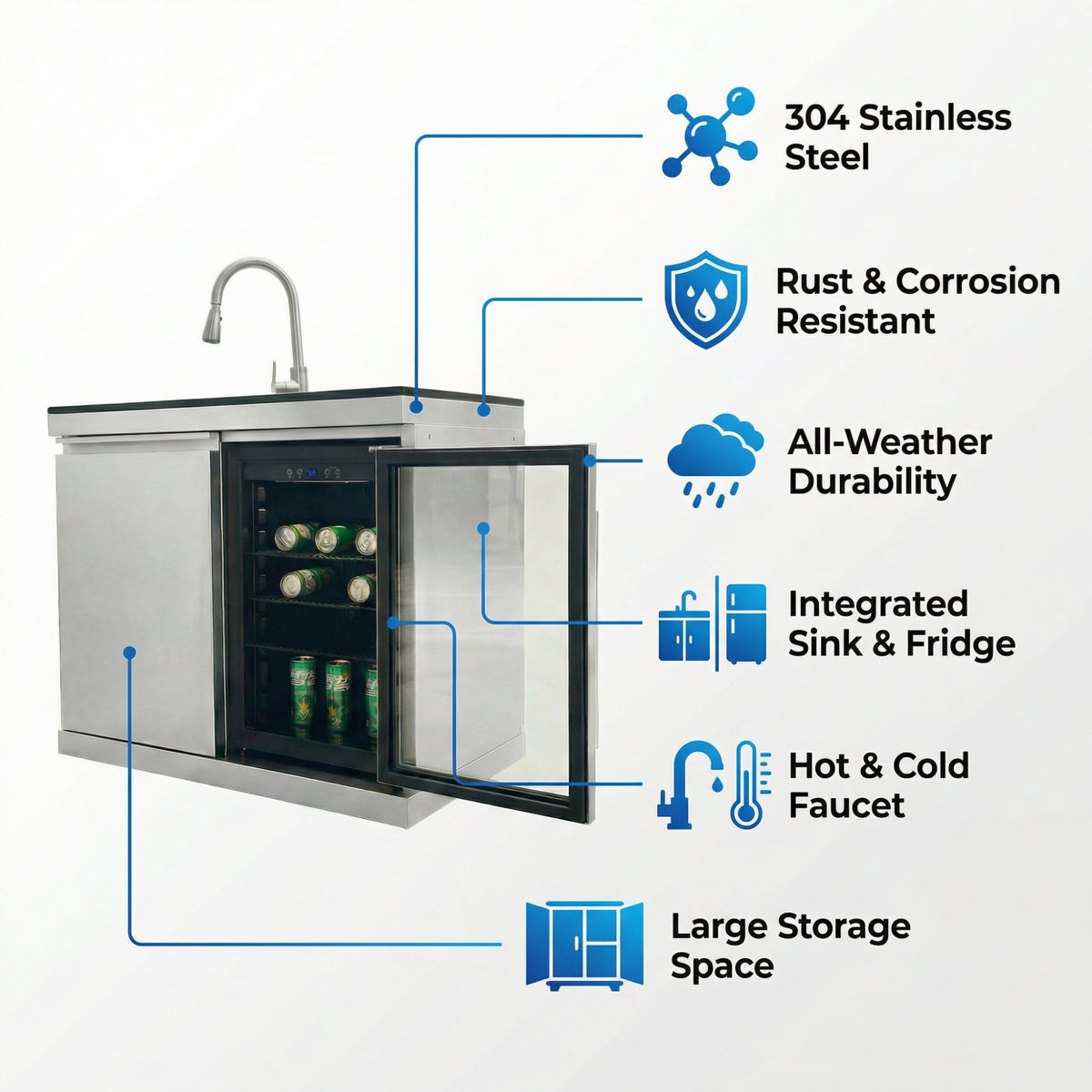 Sink and Fridge Combo for Outdoor Kitchen, 70L Refrigerator and Sink with Pull-Down Faucet, Brushed SS and Black Granite Countertops, All-in-One BBQ Island Cleaning Station (Silver)
