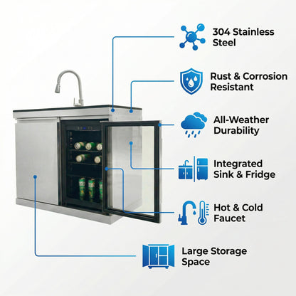 Sink and Fridge Combo for Outdoor Kitchen, 70L Refrigerator and Sink with Pull-Down Faucet, Brushed SS and Black Granite Countertops, All-in-One BBQ Island Cleaning Station (Silver)
