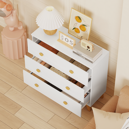 Kids Dresser with 3 Drawers, Wooden Cloud Handles & Pine Legs, MDF Chest of Drawers for Kids Room, Nursery Storage Cabinet, White