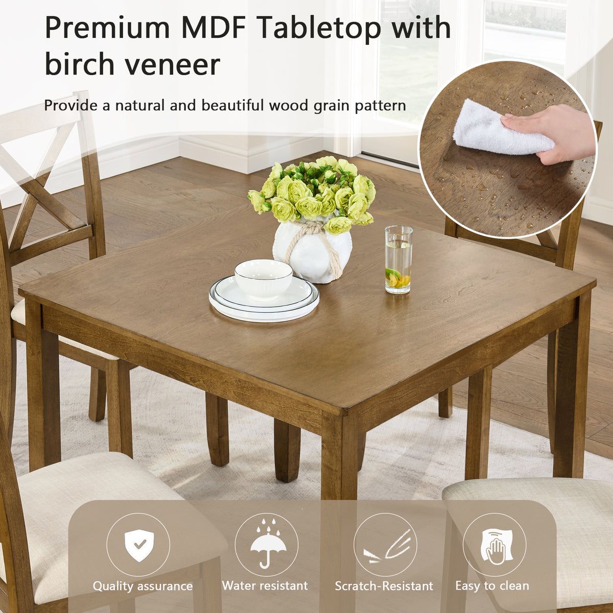 Elegant 5-Piece Oak Dining Table Set for 4 – Modern Wooden Kitchen & Dining Room Furniture with 4 Upholstered Chairs – Space-Saving Square Dining Set for Small Spaces, Living Room & Apartment