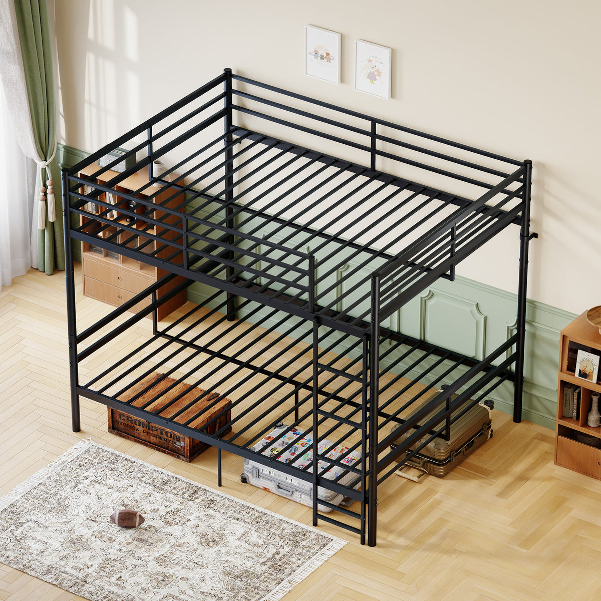 Queen-size heavy-duty bunk bed with ladder and high guardrails, 20 crossbars, minimum load capacity of 880 lbs per bunk, can be split into two double beds, includes storage space, black.
