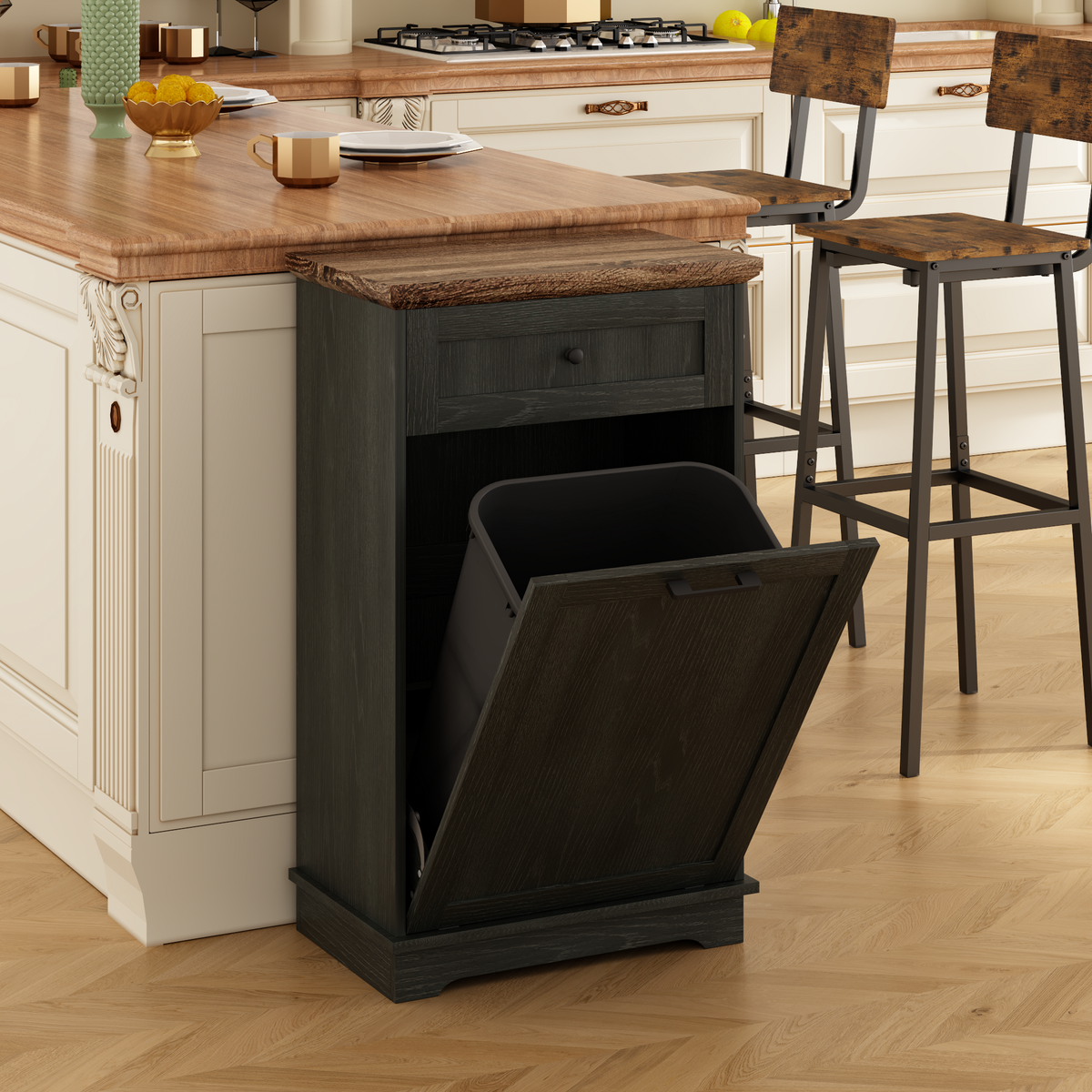 10 Gallon Tilt Out Trash Cabinet Freestanding Trash Bin Cabinet Wood Garbage Recycling Cabinet with Hideaway Drawer Pet Proof Trash Can Holder for Kitchen Living Room, Antique Black (not include can)