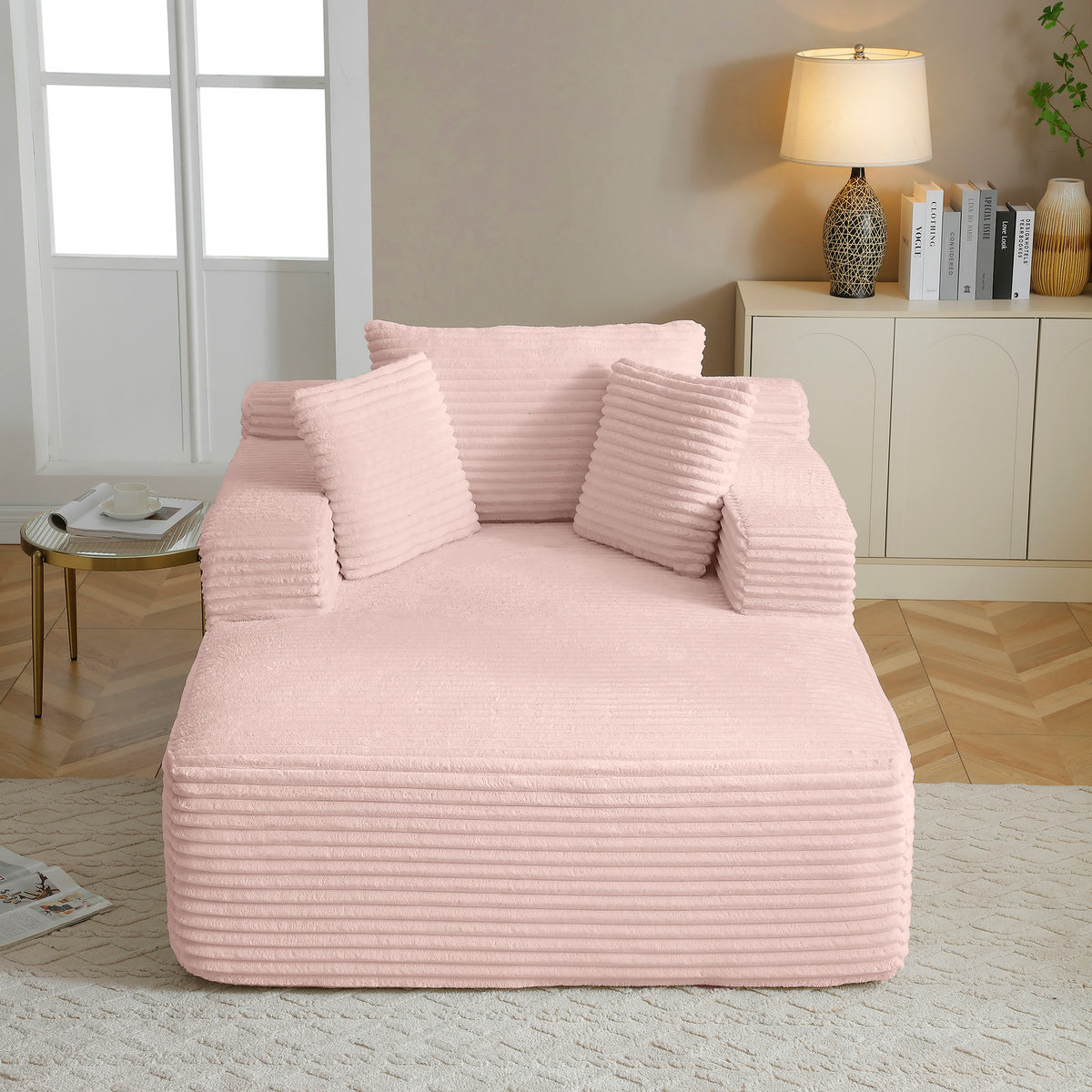 49" Chaise Lounge Indoor, Oversized Chaise Lounge Chair with 3 Comfy Pillows for Living Room Bedroom, Wide Arms Corduroy Fabric High-Density Foam No Assembly Required (Pink)