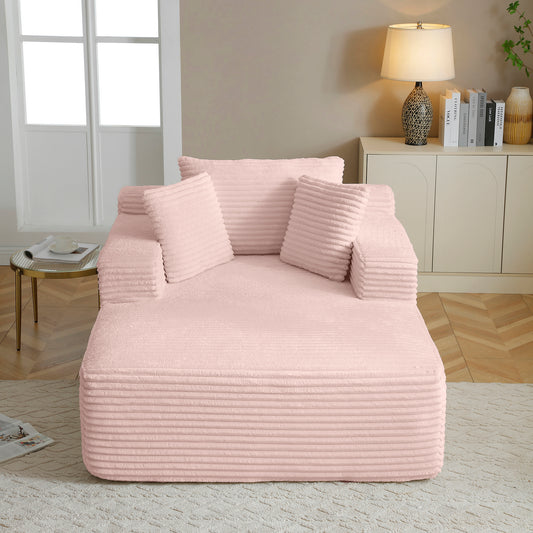 49" Chaise Lounge Indoor, Oversized Chaise Lounge Chair with 3 Comfy Pillows for Living Room Bedroom, Wide Arms Corduroy Fabric High-Density Foam No Assembly Required (Pink)