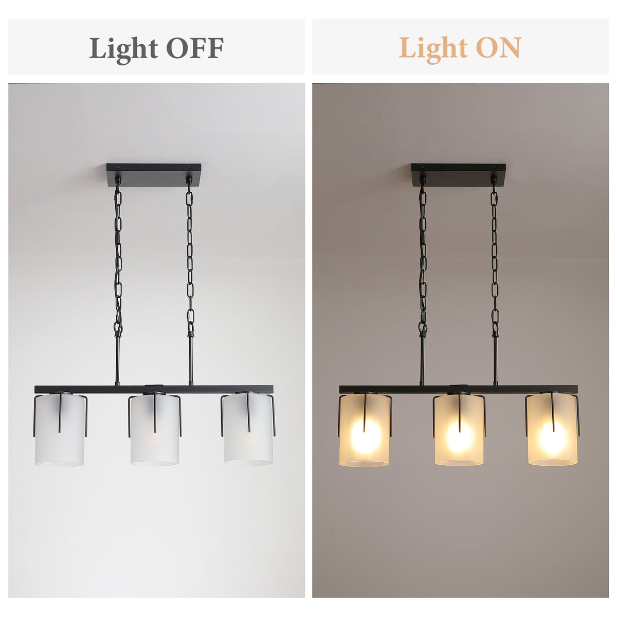 Minimalist 3-Light Linear Chandelier, Matte Black Pendant Lighting with Frosted Glass Shades, E26 Base Adjustable Ceiling Fixture