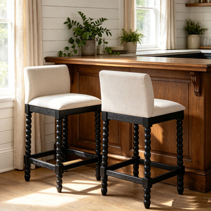Farmhouse Coastal Counter Stools Set of 2,  Rubberwood Bobbin Legs, Linen-Like Upholstered Bar Stool with Backrest, 300 LBS Capacity Kitchen Island Stools