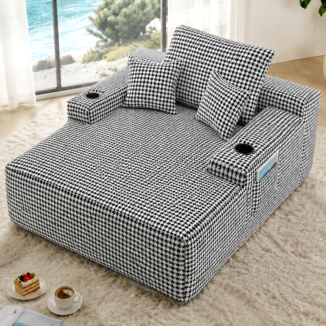 Convertible Chaise Lounge Chair Plush with Wide Armrest & Throw Pillows, Cozy Boneless Sleeper Sofa Bed Armchair, with cup holder,for Living Room, Bedroom, No Assembly Required,Black-White-Houndstooth