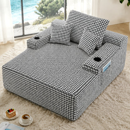 Convertible Chaise Lounge Chair Plush with Wide Armrest & Throw Pillows, Cozy Boneless Sleeper Sofa Bed Armchair, with cup holder,for Living Room, Bedroom, No Assembly Required,Black-White-Houndstooth