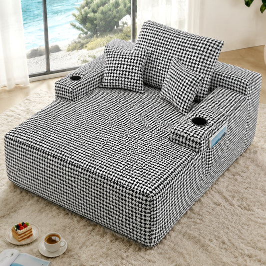 Convertible Chaise Lounge Chair Plush with Wide Armrest & Throw Pillows, Cozy Boneless Sleeper Sofa Bed Armchair, with cup holder,for Living Room, Bedroom, No Assembly Required,Black-White-Houndstooth