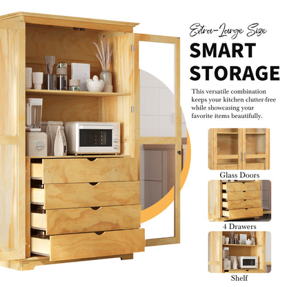 TOPMAX 44.7x20x75inch Kitchen Pantry, Freestanding Kitchen Storage Cabinet Display Cabinet with Glass Doors and 4 Built-in Drawers, Natural