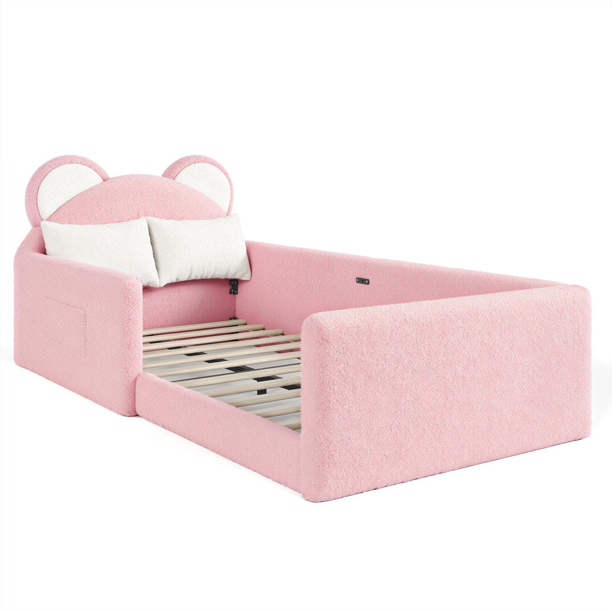 Twin Upholstered Kids Bed, Cute BearShaped Upholstered Floor bed, Children Bed Frame with Removable MagicTape Headboard, Low Floor Bed for Kids,White&Pink