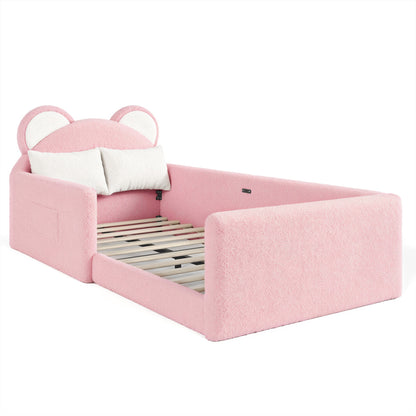 Twin Upholstered Kids Bed, Cute BearShaped Upholstered Floor bed, Children Bed Frame with Removable MagicTape Headboard, Low Floor Bed for Kids,White&Pink