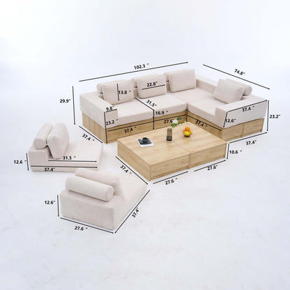 6-seat Modular Sectional Sofa with Storage Drawers, Multi-Functional L-Shaped Couch with Built-In Cabinet Base and Center Table Design, Convertible Combination Sofa Set, Modern Upholstered Sofa