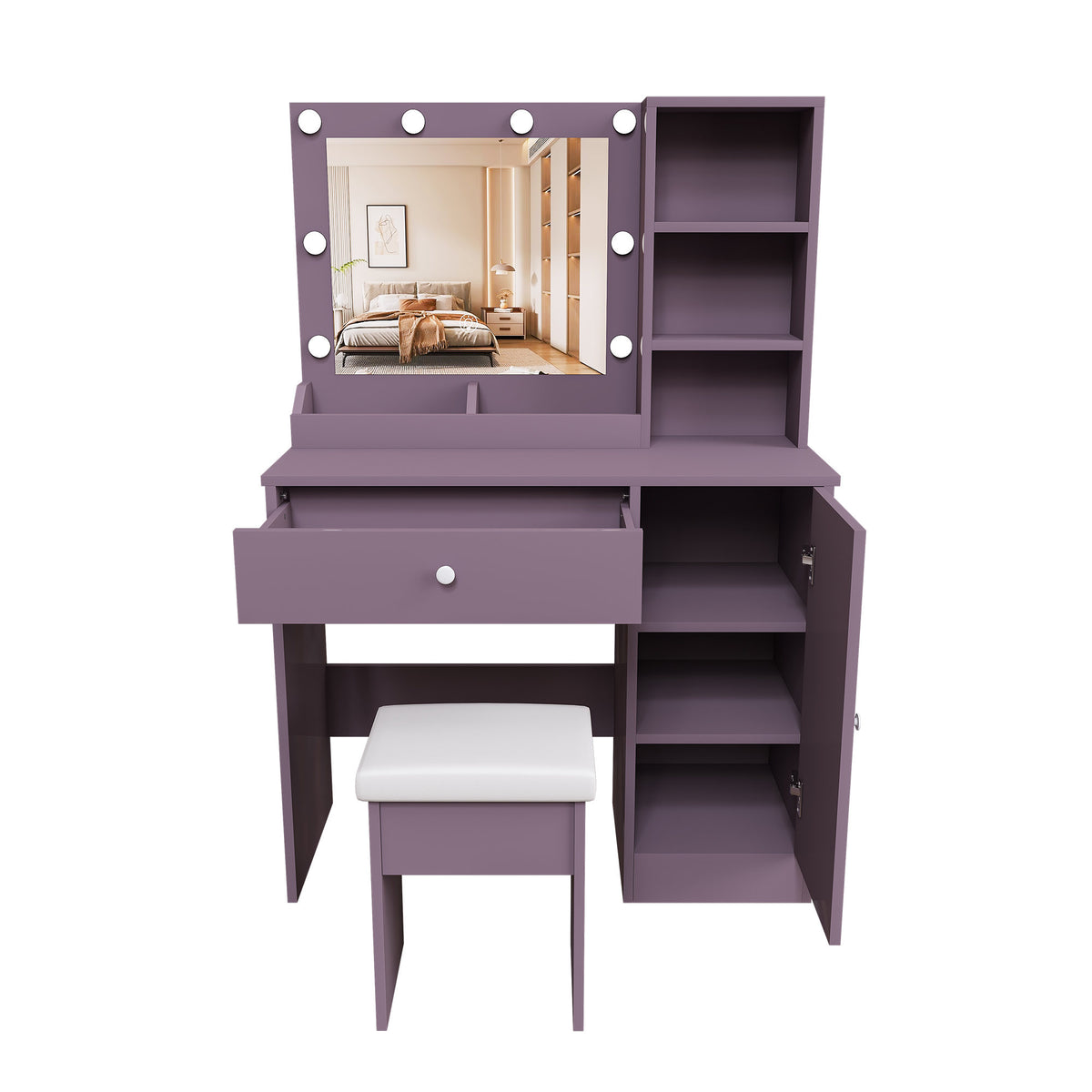Modern Purple Vanity Desk Set with Padded Stool and Adjustable LED Mirror, 3 Color Light Modes, MDF Construction