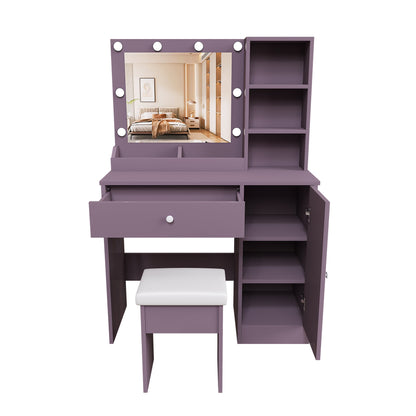 Modern Purple Vanity Desk Set with Padded Stool and Adjustable LED Mirror, 3 Color Light Modes, MDF Construction