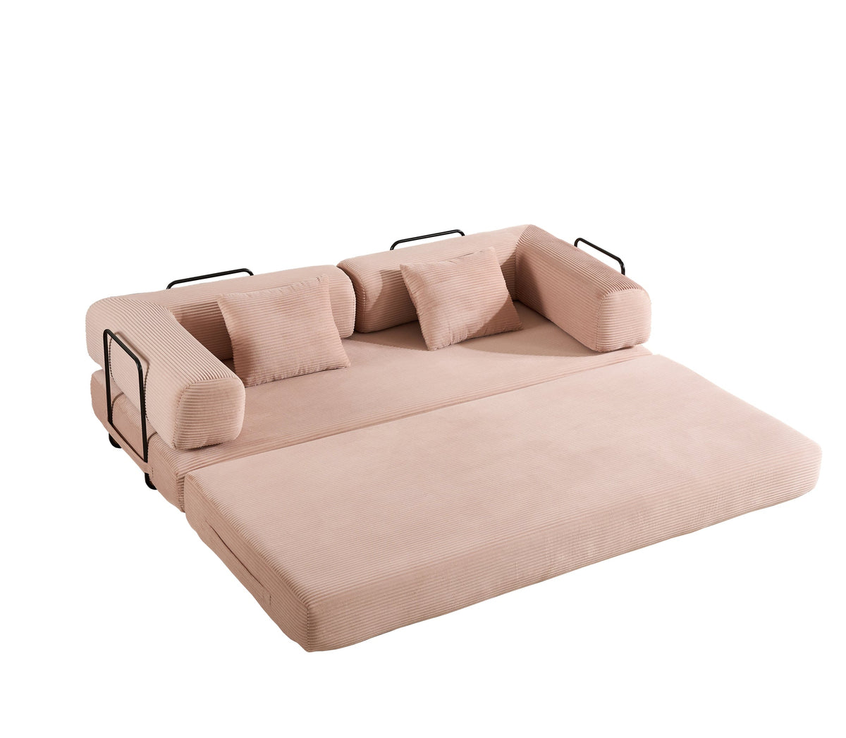 Convertible Sleeper Sofa Bed with Cylindrical Pillow, Corduroy Folding Mattress Couch with Fixed-Shape Frame, Floor Sofa Lounge Couch - Pink