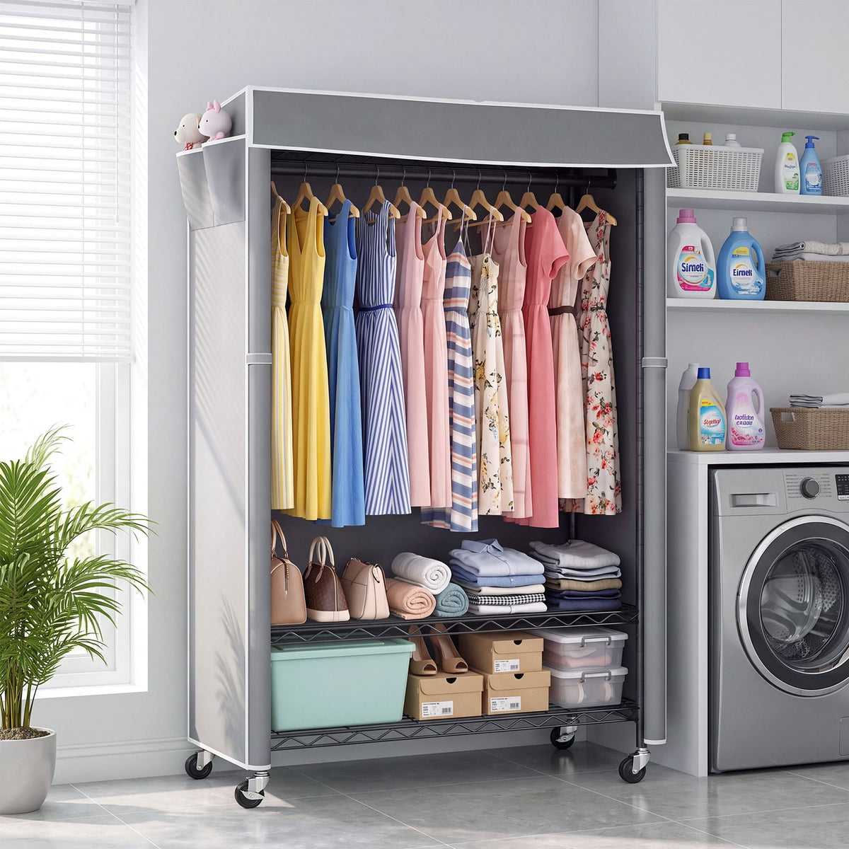 Clothes Rack with Cover, Rolling Clothes Rack, Heavy Duty Garment Rack with Shelves & Grey Cover, Clothes Rack with Side Pocket, Portable Closets for Hanging Clothes, 45''W×15.7''D×72.83''H, Black