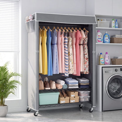 Clothes Rack with Cover, Rolling Clothes Rack, Heavy Duty Garment Rack with Shelves & Grey Cover, Clothes Rack with Side Pocket, Portable Closets for Hanging Clothes, 45''W×15.7''D×72.83''H, Black