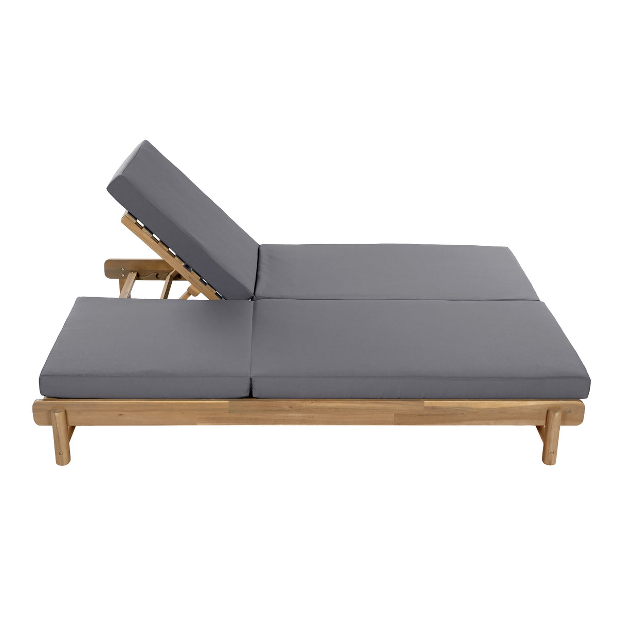 Light Teak Acacia Wood Double Chaise Lounger Set: 1 Frame + 2 Dark Grey Cushions, 800 lbs Capacity, 3-Position Adjustable Backrest, 4" Thick 2-Fold Water-Resistant Cushions for Patio Poolside Backyard
