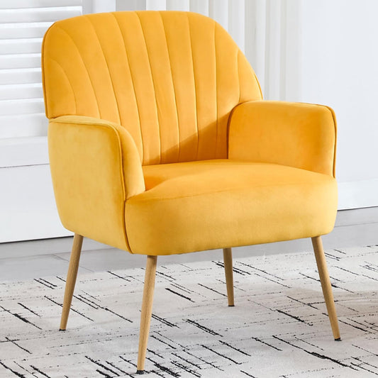 Modern Velvet Accent Chair, Luxury Upholstered Armchair with Metal Legs, Yellow Comfy Barrel Chair, Waiting Room