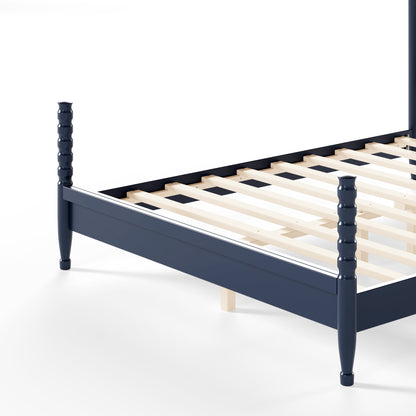 Queen Size Platform Bed with Arched Woven Headboard, Four Poster Stylish Wooden Bed Frame, Elegant Curved Headboard Bed Frame For Bedroom,Blue