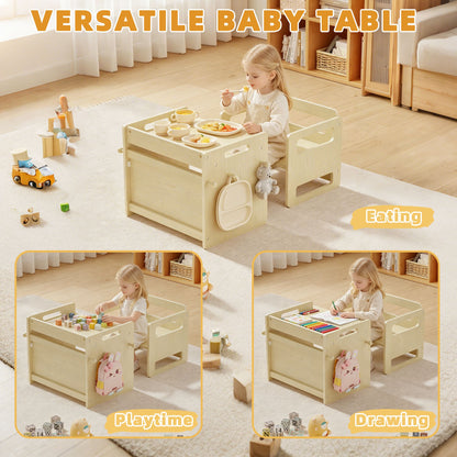 Montessori Weaning Table and Chair Set, Adjustable Wooden Toddler Table and Chair Set, Kids Activity & Play Table for Eating, Drawing, Learning and Playing(Natural)