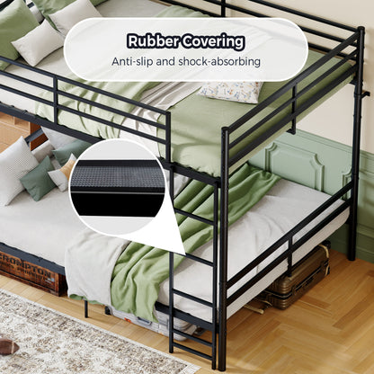 Queen-size heavy-duty bunk bed with ladder and high guardrails, 20 crossbars, minimum load capacity of 880 lbs per bunk, can be split into two double beds, includes storage space, black.