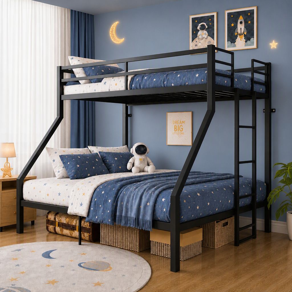 Heavy Duty Twin over Queen Metal Bunk Bed with 1200 LBS Capacity, Noise-Free Structure with Wall Mount & Anti-Slip Ladder