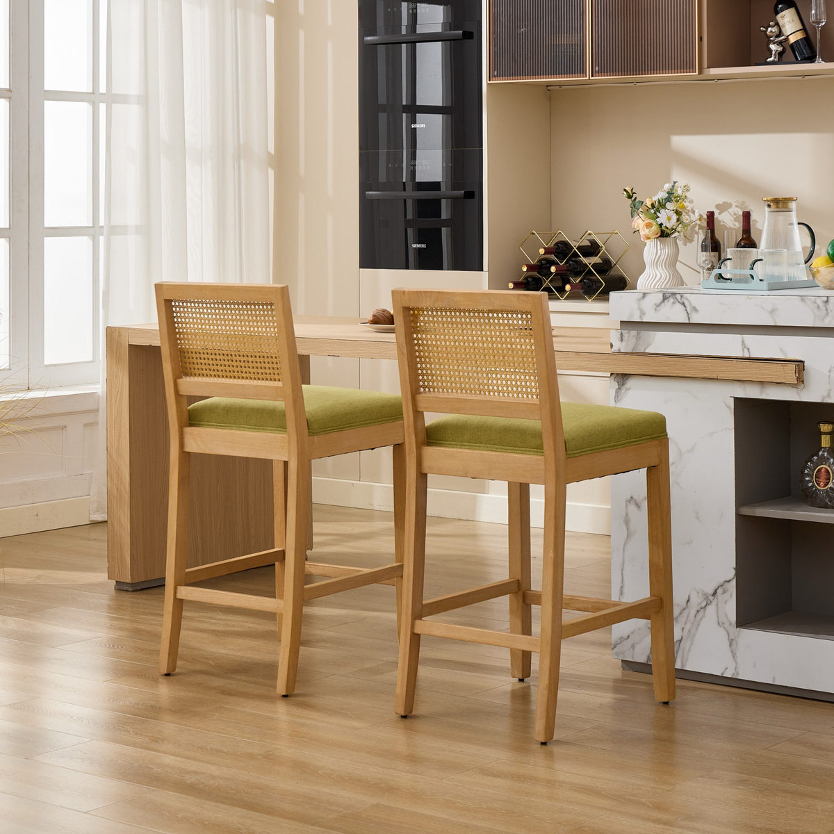Full Solid Wood Rattan-Back Bar Stool, Matte Linen Cushion with High-Resilience Foam & S-Springs, Ideal for Rustic/Natural Style Kitchen Island, Low Bar in Dining Room & Café,Set of 2,Green,SW1872OL