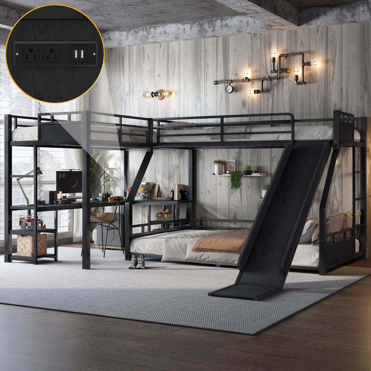 L-Shaped Metal Bunk Bed (Top bed: twin xl, bottom bed: queen) with Single Loft Bed, Desk, and Storage Shelves, USB Charging Port Included - Metal Triple Bunk Bed with Slide,B