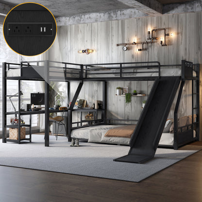 L-Shaped Metal Bunk Bed (Top bed: twin xl, bottom bed: queen) with Single Loft Bed, Desk, and Storage Shelves, USB Charging Port Included - Metal Triple Bunk Bed with Slide,B