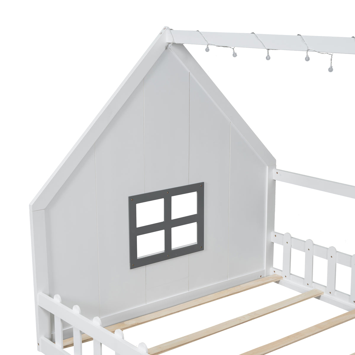 Full Size Wood House Bed with Window and Fence, White (Old SKU: WF304147AAK)
