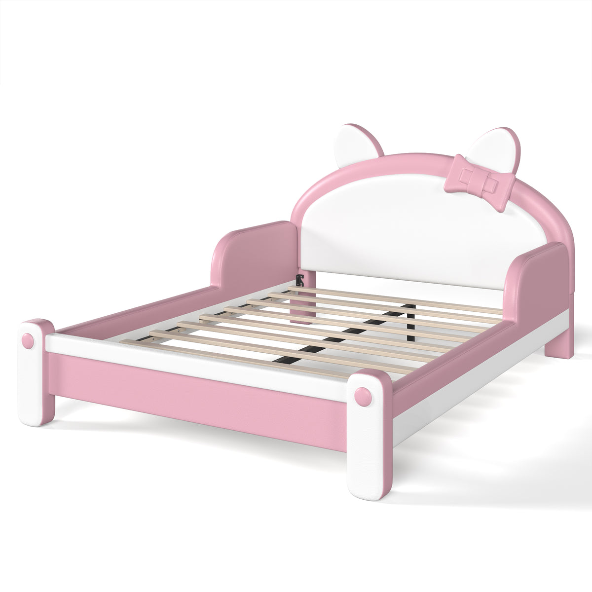 Full Cute Cat Shaped Upholstered Kids Platform Bed, Princess Style Low Profile Children Bed Frame for Bedroom,white&Pink
