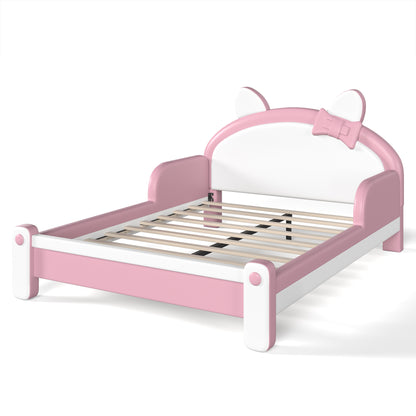 Full Cute Cat Shaped Upholstered Kids Platform Bed, Princess Style Low Profile Children Bed Frame for Bedroom,white&Pink