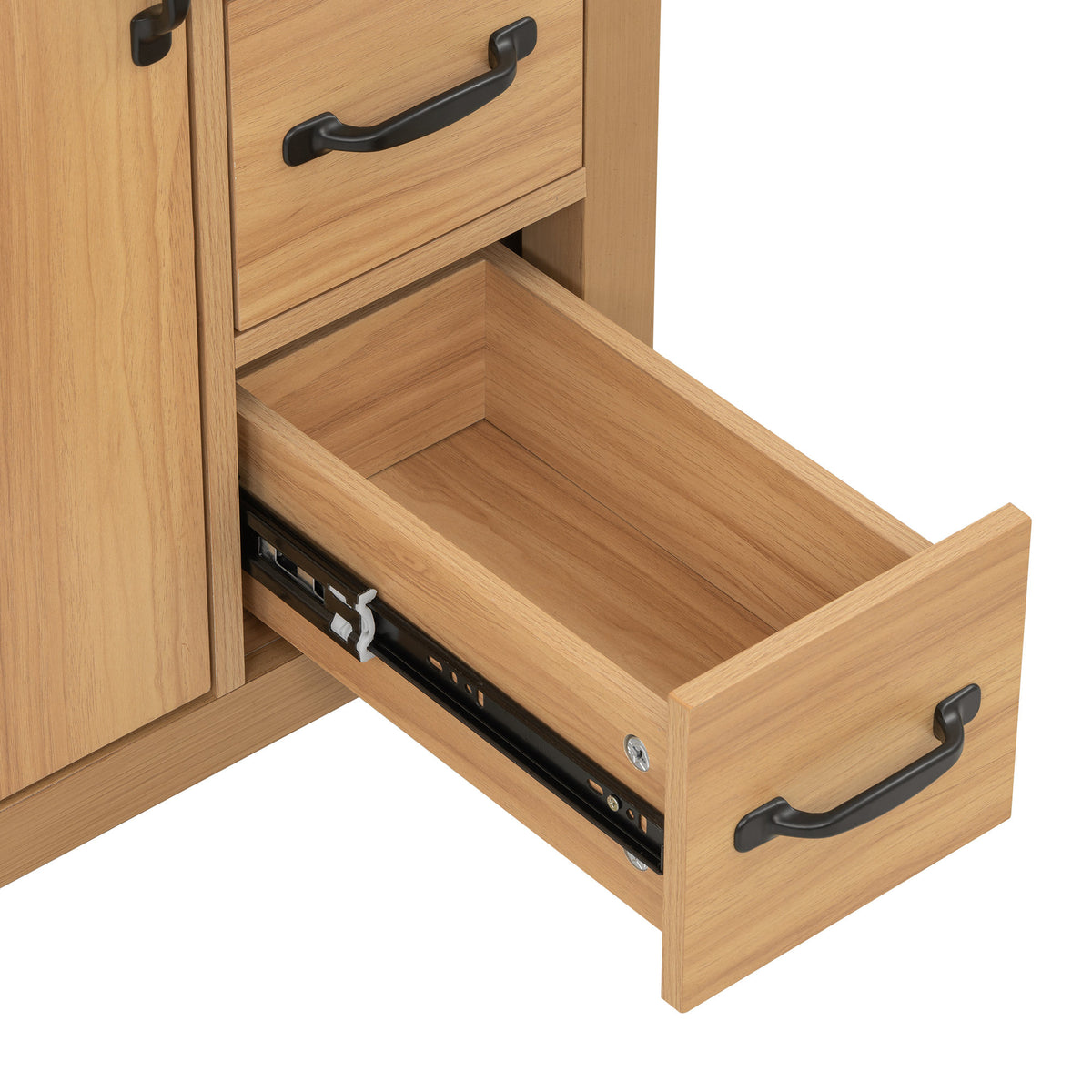 24 Inch Modern Traditional Bathroom Vanity with Ceramic Sink, MDF Cabinet & Solid Wood Legs, Black Zinc Alloy Handles, Wood Grain Melamine Finish