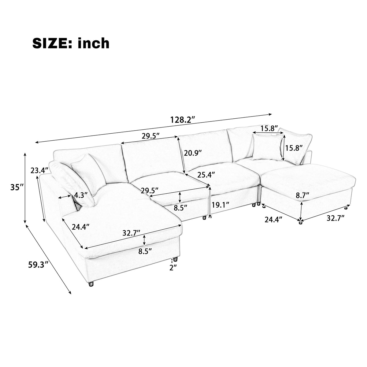 U_STYLE 128" Large U-Shaped Sectional Sofa with 2 Movable Ottomans, Chenille Fabric, Modular Design, Home Theater, Spacious Space