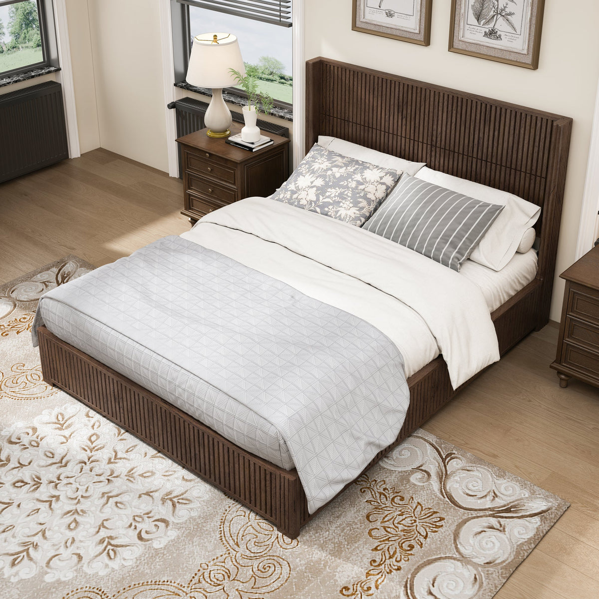 Solid Wood Platform Bed Frame with Headboard, No Box Spring Needed, Floor-standing bed, Easy Assembly, Queen Size, Walnut