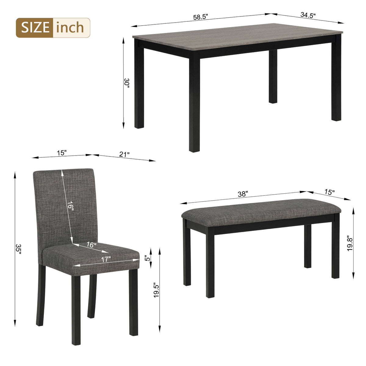 Modern 6-Piece Dining Table Set with Bench and Chairs for Dining Room or Kitchen - Light Grey & Black Two-Tone