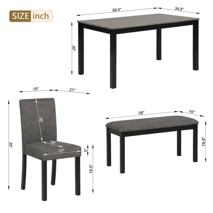 Modern 6-Piece Dining Table Set with Bench and Chairs for Dining Room or Kitchen - Light Grey & Black Two-Tone