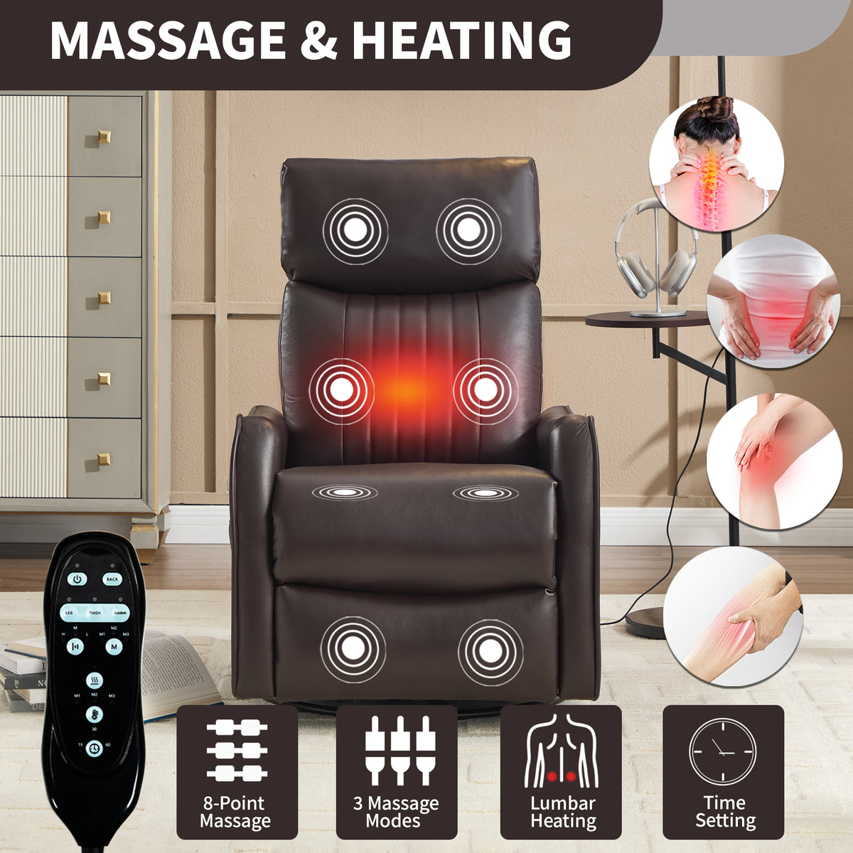 Brown Faux Leather Heat Massage Manual Recliner Chair with Rocker and Swivel for Living Room