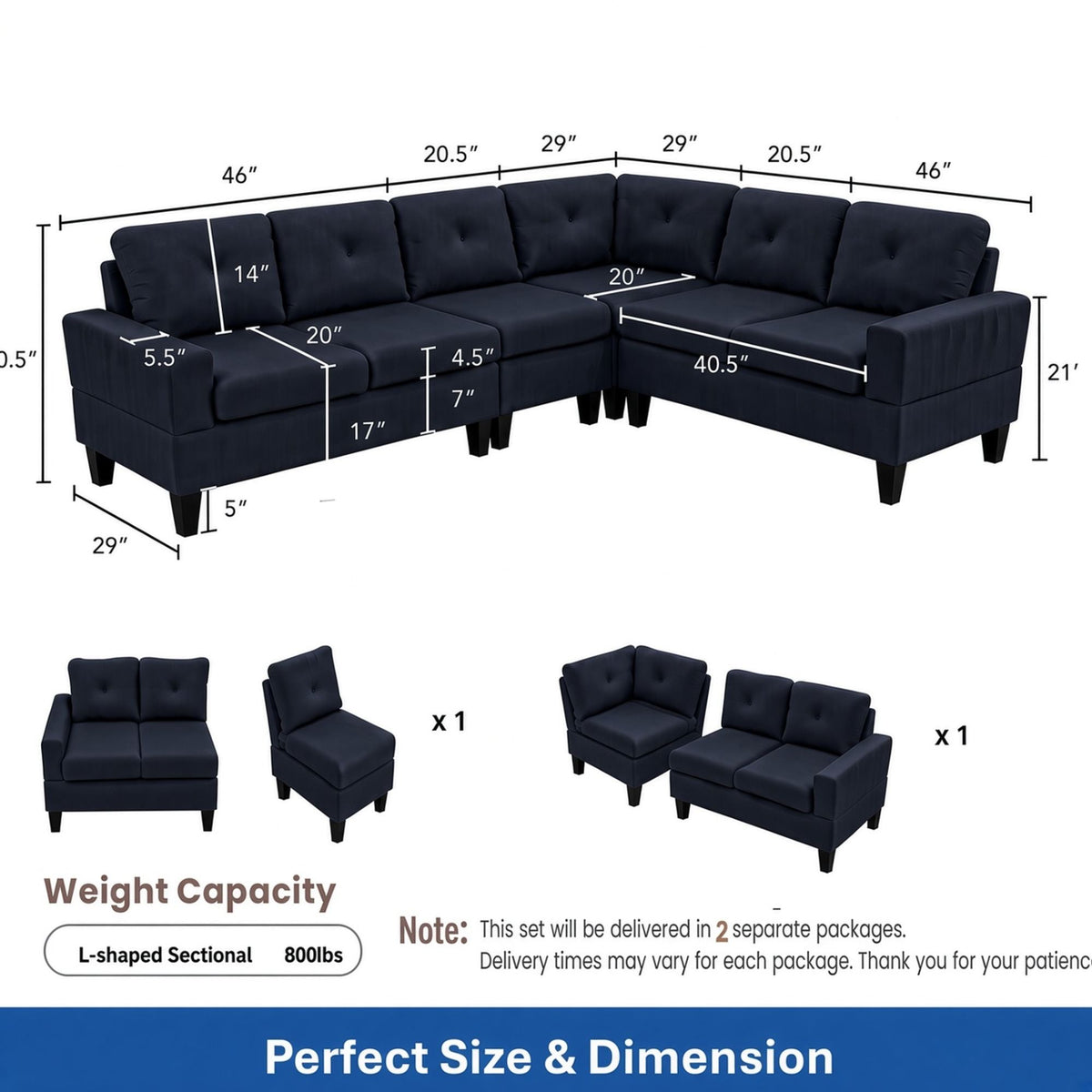 95.5 x 75 Inches Width Dark Grey Modular L-Shaped Sectional Sofa 6-Seater 4-Piece Massa Flannel Fabric Couch with Chaise